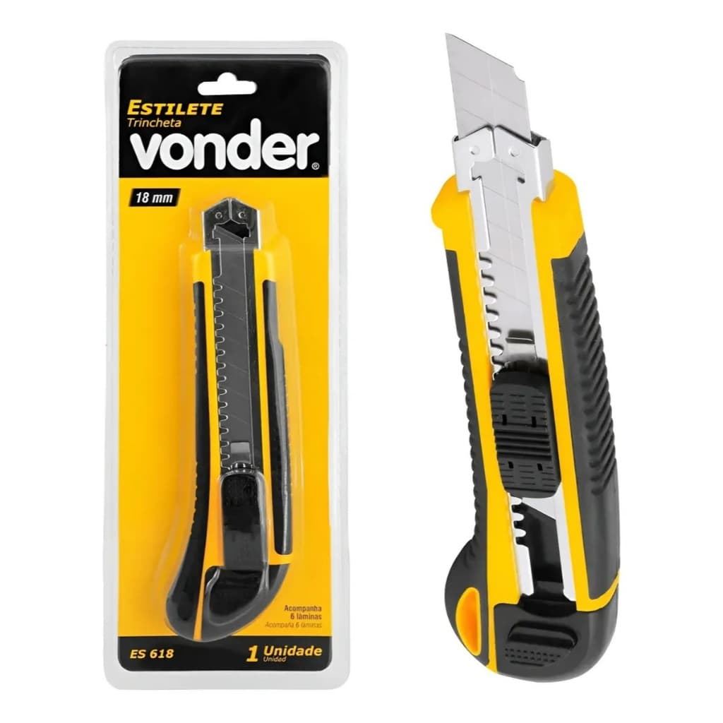 Estilete Profissional 18mm Emborrachado Vonder Com 6 Lâminas ES 618 - Conforto e Segurança com Trava de Lâmina