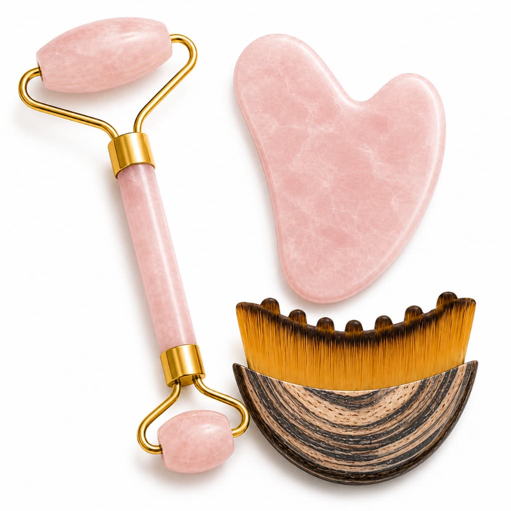 Kit Massagem Facial com Rolo de Jade, Pedra Gua Sha e Escova para Drenagem Linfática