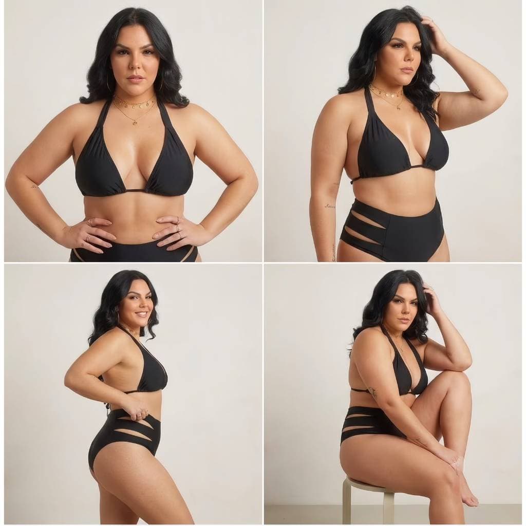 Biquíni Três Tiras tiras Plus size praia piscina cintura alta cortininha