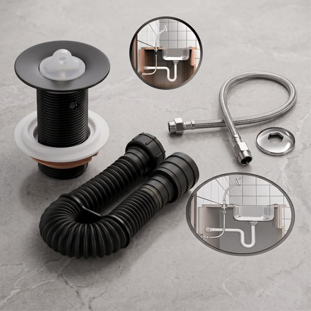 Kit Sifão + Válvula 7/8 + Engate Inox - Conjunto Preto Para Banheiro