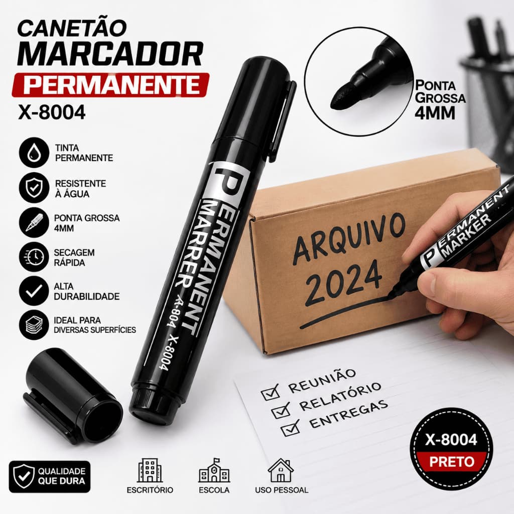 Caneta Marcadora Permanente Ponta Grossa 4mm Cor Preto X8004