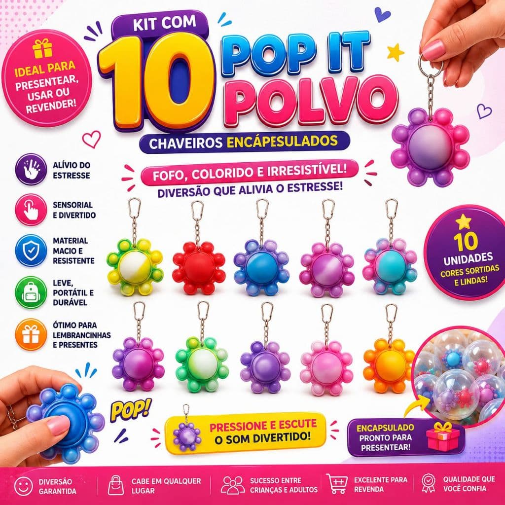 Kit 10 Chaveiros Pop It Polvo Encapsulado Antiestresse Sensorial  Lembrancinha Brinde Festa Presente