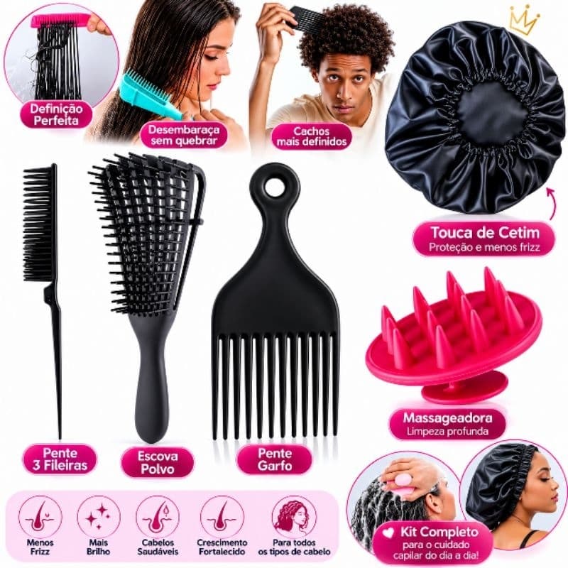 kit escova polvo - escova massageadora pente garfo pente três fileiras touca de cetim cores Aleatorias