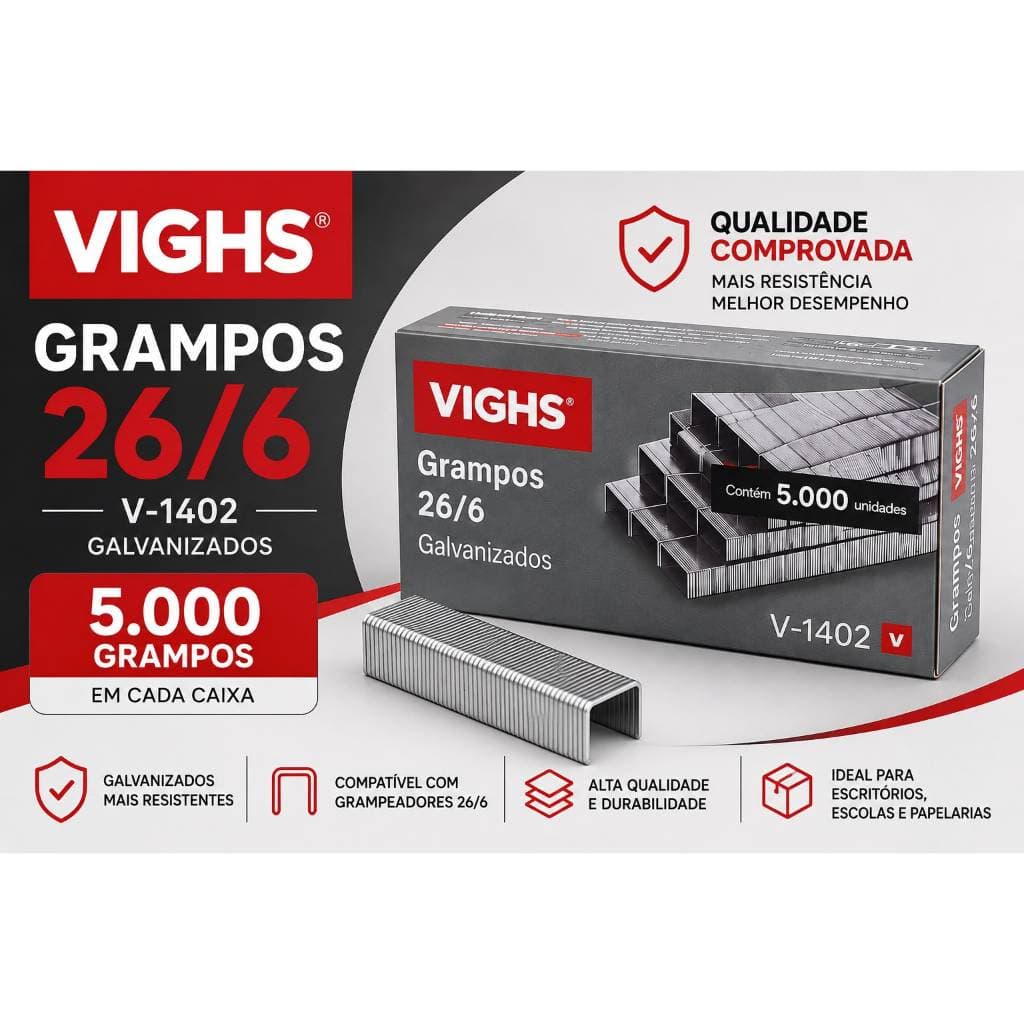 Grampo 26/6 VIGHS Galvanizado 5.000 Unidades | Kit 1, 2, 5 ou 10 Caixas