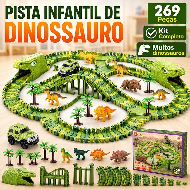 Kit 269 Peças Circuito Jurássico Infantil Pista Ajustável com Carrinho Elétrico e Dinossauros 4+