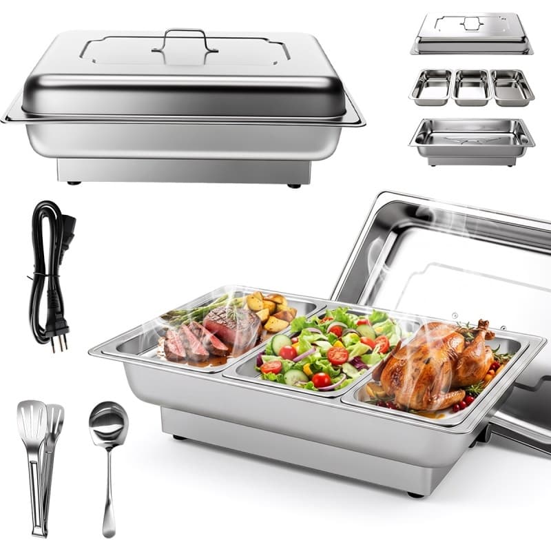 Rechaud Elétrico 1/3 De 3 Cubas de Aço Inoxiadável Aquecido 2/3 Inox Kit Retangular 13.5 Litros com Banho Maria Gourmet