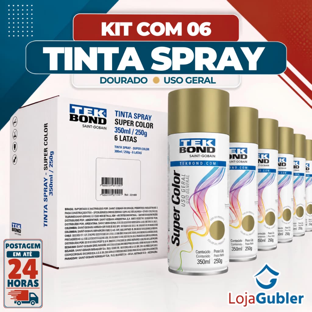 Kit 6 Tinta Spray Dourado Brilhante Tekbond 350ml Uso Geral Alta Cobertura Secagem Rápida Aerossol Original