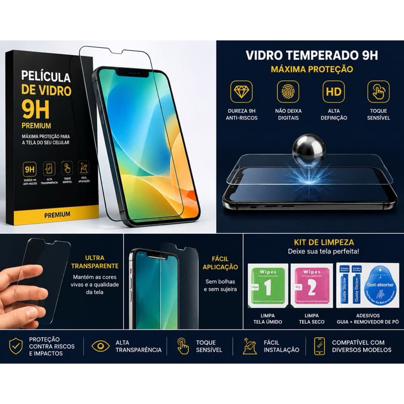 Película de Vidro Temperado 3D para iPhone com Proteção Total e Fácil Aplicação