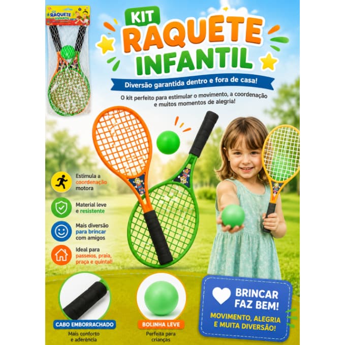 Jogo Raquete de Tênis Infantil Colorida com Bola Presente Menino e Menina