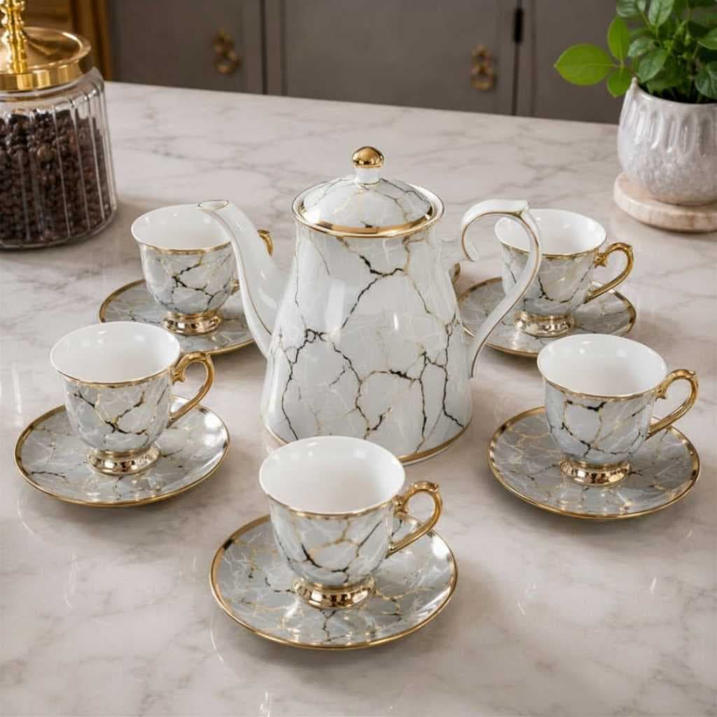 Jogo de Xícaras 6 Xícaras + 6 Pires Porcelana Premium Design Mármore - Elegante para Chá e Café