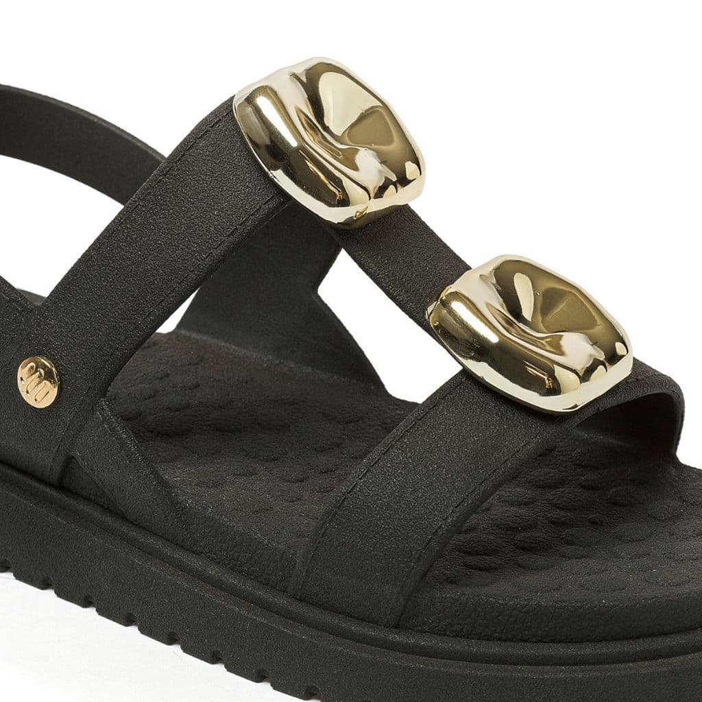 Sandália Feminina Papete Flatform Detalhes Metalizados em ABS Dourado Leve e Confortável Promoção