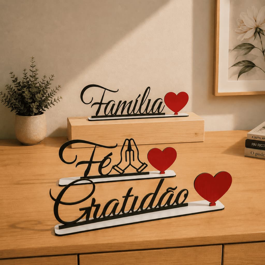 Kit 3 Palavras em MDF Decorativo Família Fé Gratidão Kit Letreiro Palavras em Preto e Vermelho