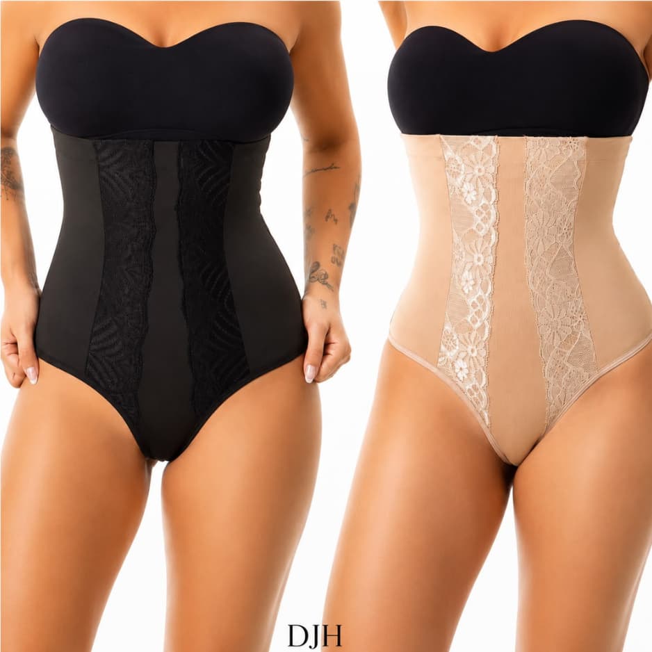 Kit 2 Cinta Calcinha Modeladora Renda Suplex Alta Compressão Comprime Barriga Cós Alto Fio Dental