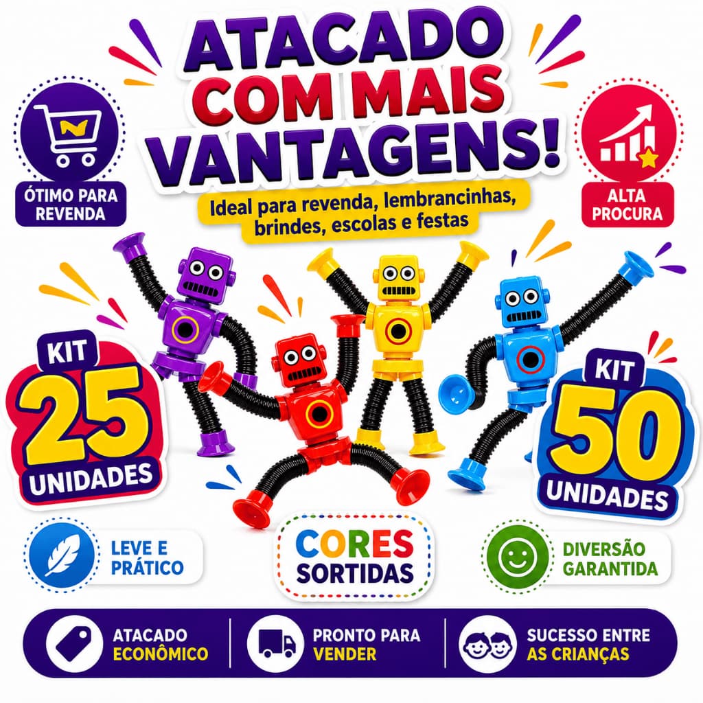 Kit 25 ou 50 Robôs Pop It LED Estica Puxa com Ventosa Tubo