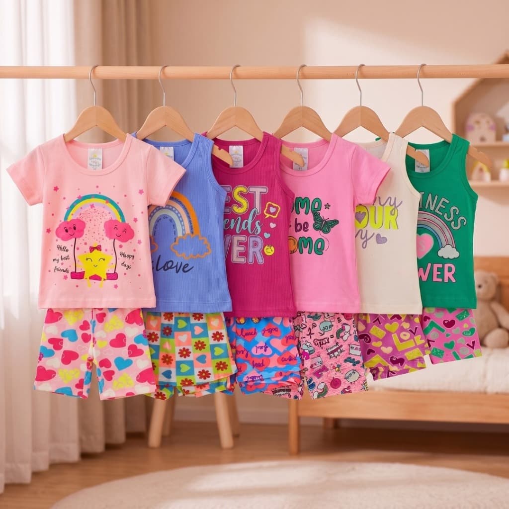 Kit 4 Peças Roupa Infantil Verão Menina em Algodão 2 Camiseta Manga Curta e 2 Bermudinha Ciclista 1 ao 16 anos