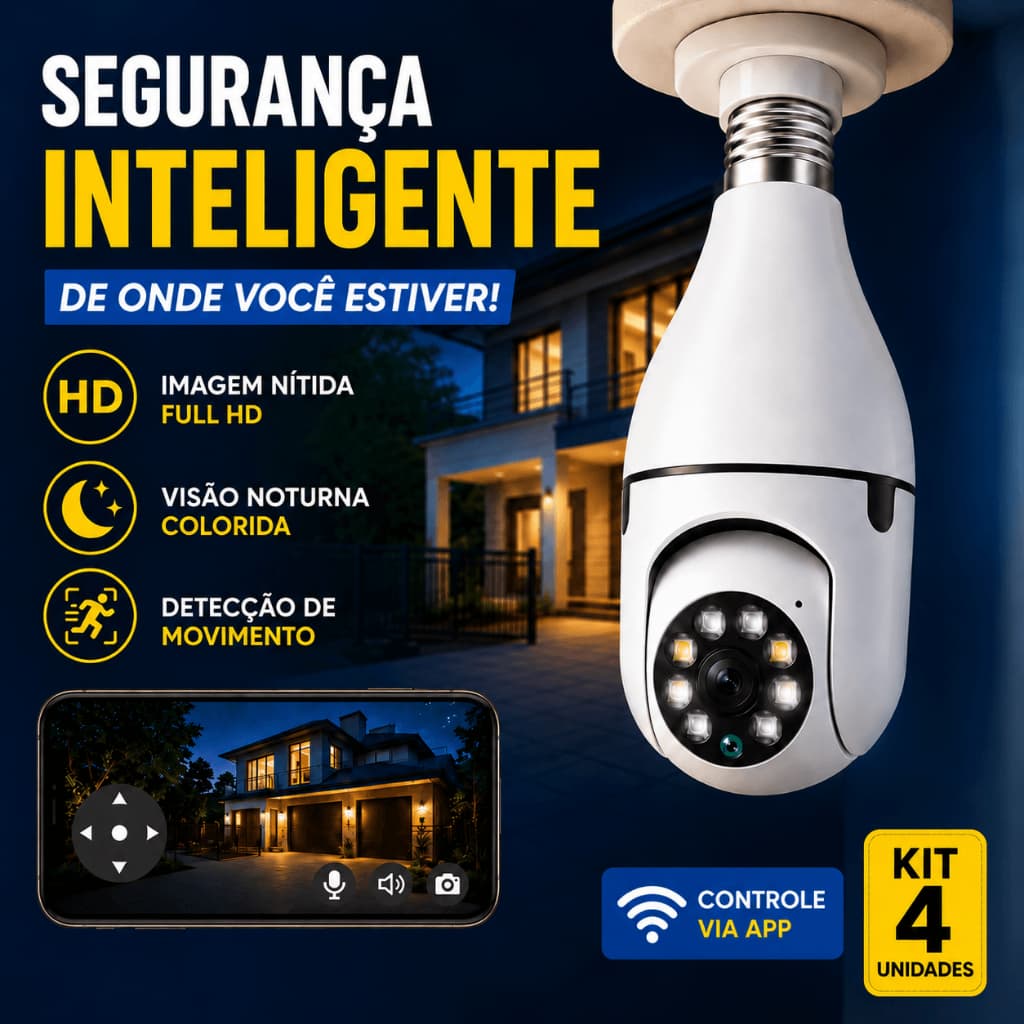 Câmera Lâmpada WiFi 360° Full HD 1080P E27 Câmera Segurança Visão Noturna Áudio Sensor Movimento PTZ