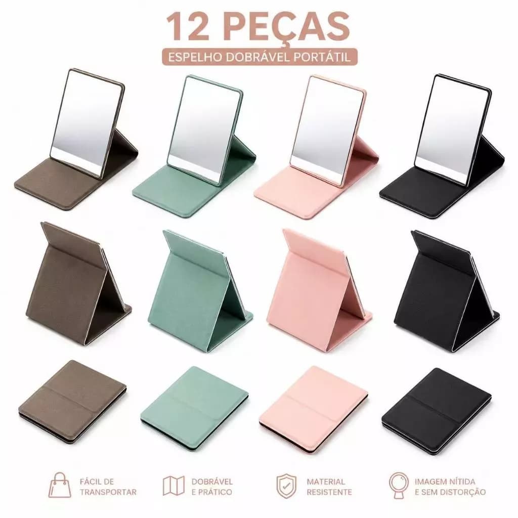 KIT 12 Espelho de Maquiagem Dobrável Portátil de Mão e Mesa