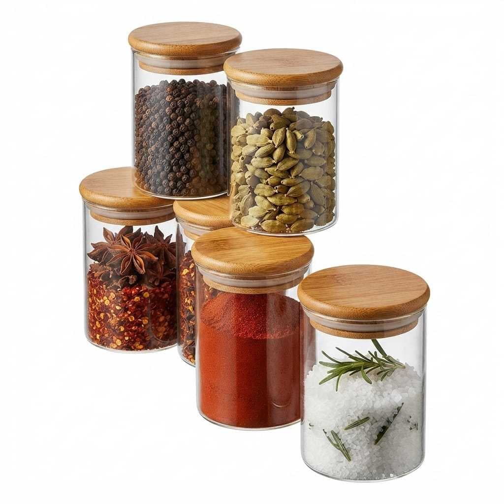 Kit 6 Potes De Vidro Borossilicato Tampa Bambu Hermético 200ml Mesa Posta Organizador Vedação Premium