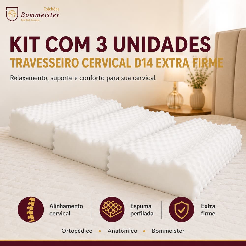 Kit com 3 Travesseiro Cervical Ortopédico D14 Extra Firme Bommeister