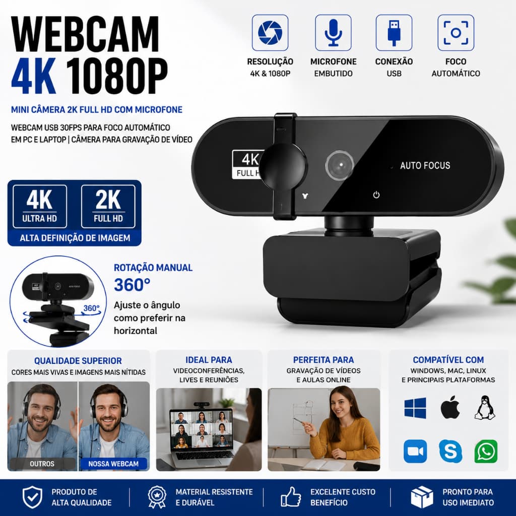 Webcam 4k Full Hd Usb Com Microfone E Foco Automático
