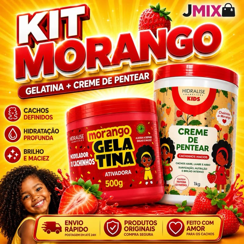 Kit Morango Hidralise Kids Gelatina 500g + Creme de Pentear 1kg Cachos Definidos