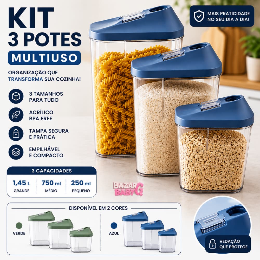 Kit 3 Potes Multiuso Organizador Herméticos Farinheiro De Acrílico Mantimentos Cozinha e Lavanderia Otima Vedação