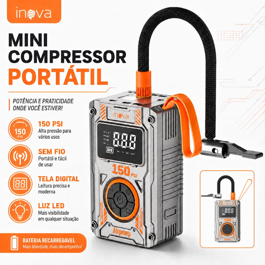 INOVA Compressor De Ar Portátil 150 PSI Digital Recarregável USB Inflador De Pneus Carro Moto Bicicleta