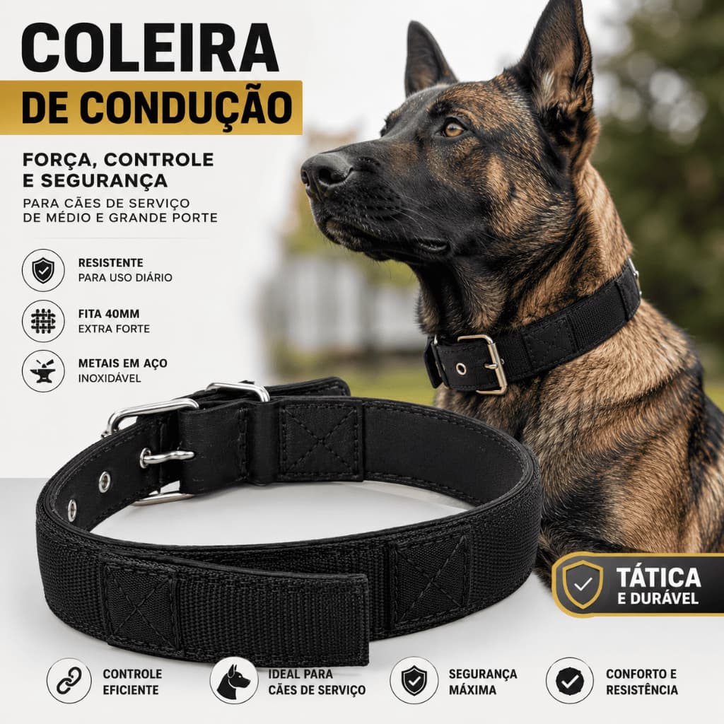 Coleira de Condução Tática 51cm para Cães Médios e Grandes Fita 40mm Reforçada em Aço Inoxidável