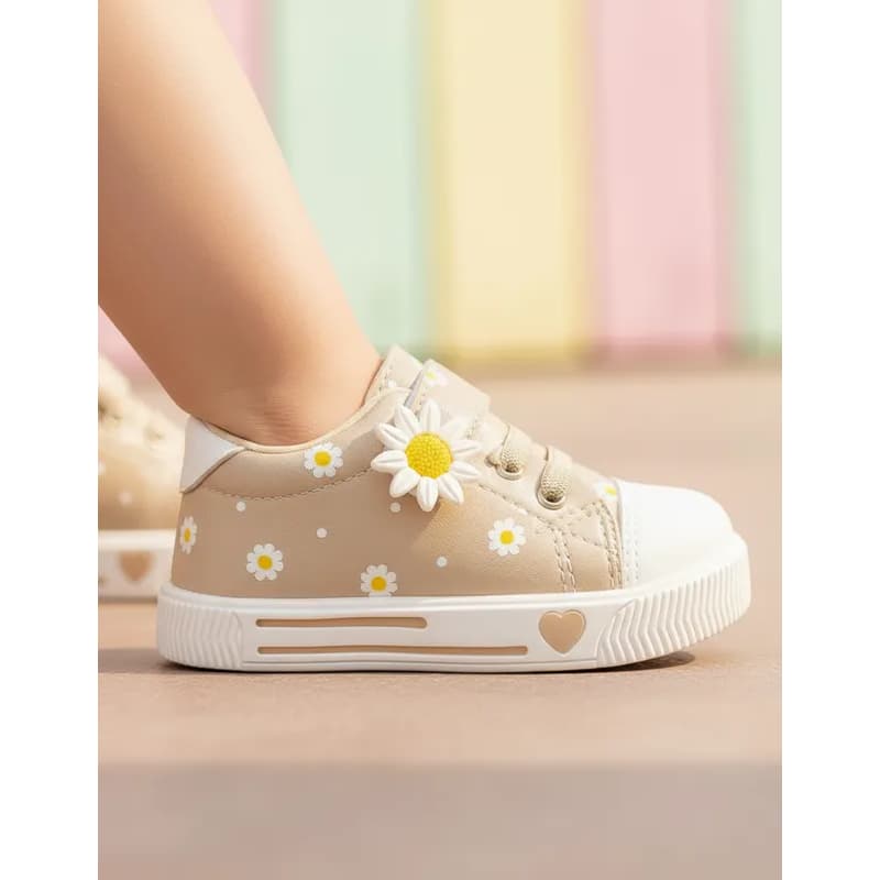 Tênis Infantil Menina Floral Bege Margaridas Casual Delicado Confortável Leve Antiderrapante