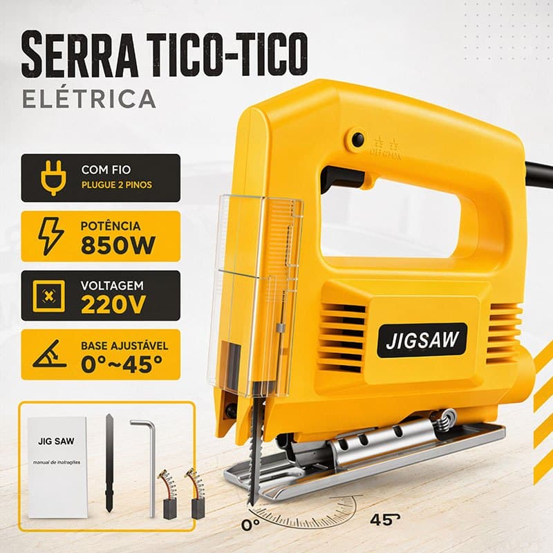 Jigsaw 220V Serra Elétrica para Madeira 850W Serra Tico-Tico com Lâmina de Corte e Chave de Ajuste