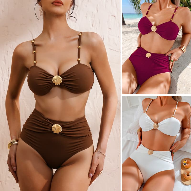 Biquíni Feminino de Duas Peças com Detalhe de Concha Dourada Calcinha Cintura Alta Estilo Praia