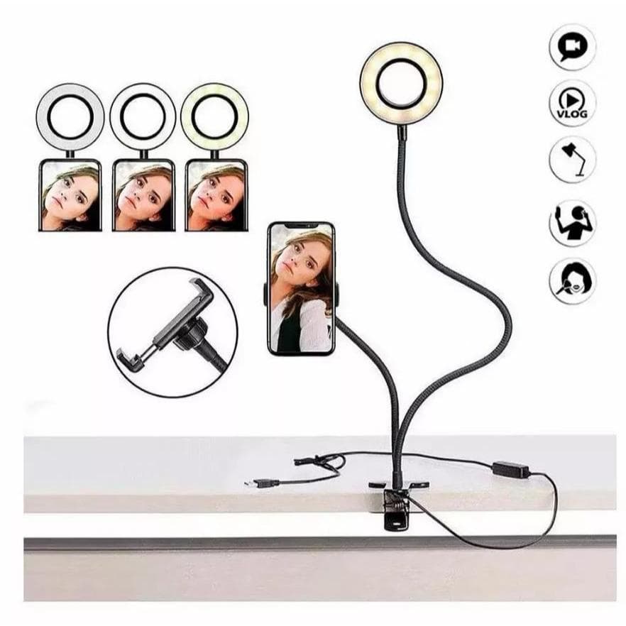 2 in 1 LED Ring Light + Flexible Cell Phone Holder Clip Table USB Lighting for Live Video Disponível em preto/branco
