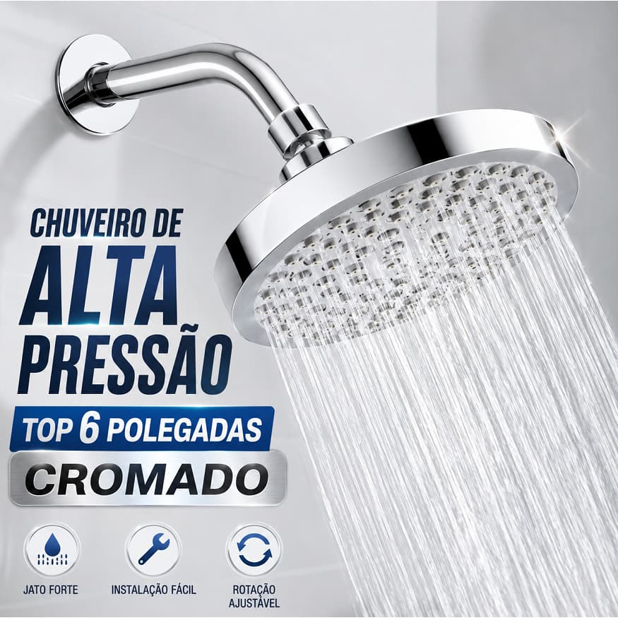 Chuveiro Ducha Redonda 6 Pol Cromada Alta Pressão 360° com Bicos de Silicone, Filtro e Fita Veda Rosca