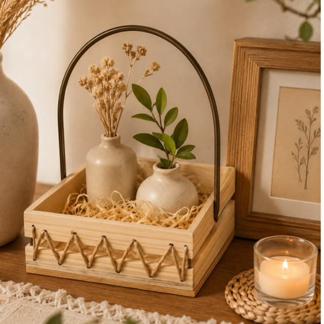 Cesta de Madeira Quadrada com Alça Presente, Café da Manhã e Decoração