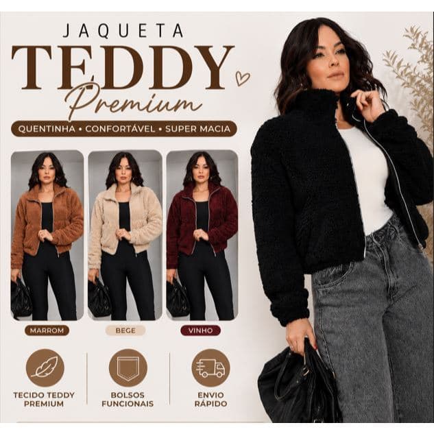 Jaqueta peluciada teddy feminino de gola alta com ziper e bolso casaco pelucia quentinho inverno