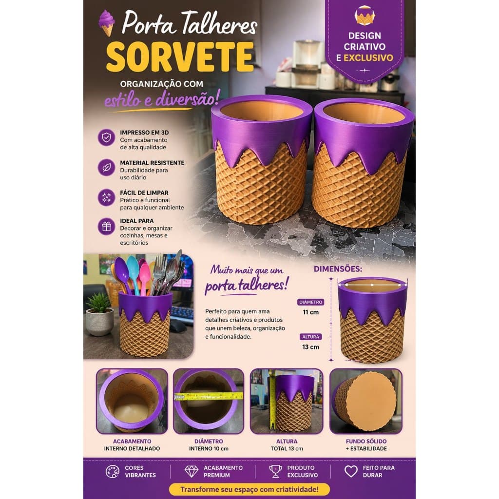 Porta Talheres Sorvete Casquinha 3D Decorativo para Cozinha, Festa e Sorveteria – 13x11 cm 1 unidade