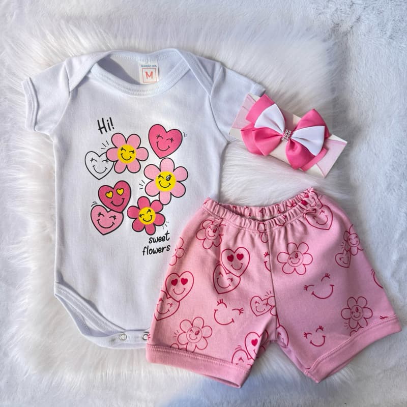 Conjunto Infantil Bebê Menina 100% Algodão (Body + Short + Laço) (P, M e G)