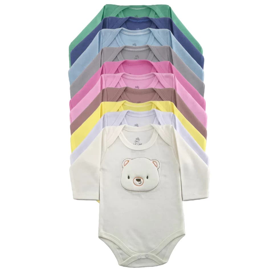 Body Bebê Manga Longa Bordado 3D Infantil Menino Menina P M G Diverdas Cores