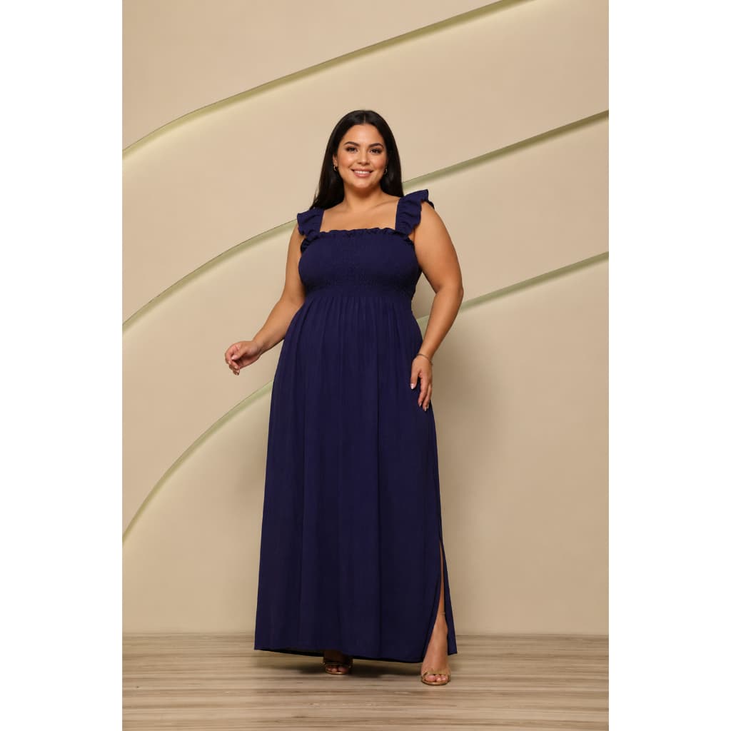 Vestido Longo Feminino Plus Size Lastex Com Fenda Babado Elegante Casual Confortável Moda Verão Leve Fresco