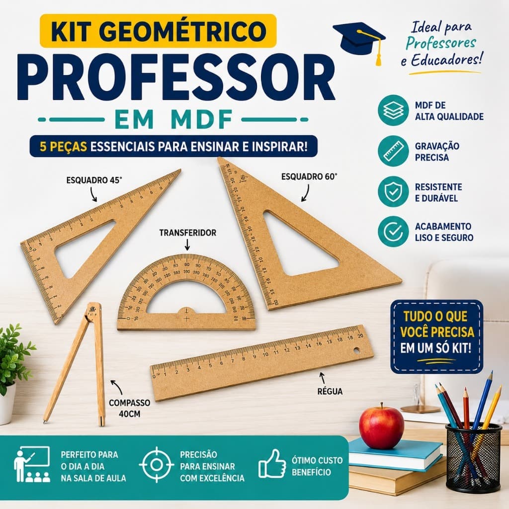 Kit Geométrico Professor MDF 5 Peças Régua Esquadros 45° 60° Transferidor Compasso Escolar