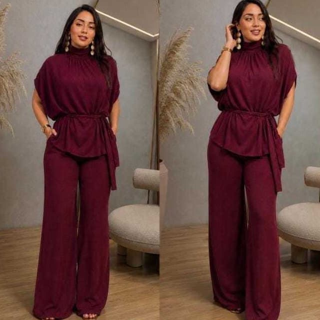 Conjunto Sarah Calça Flare e Blusa Com Cinto Versátil e Confortável para Uso Juntos ou Separados