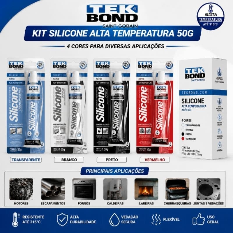 Silicone Acético Bisnaga 50g Transparente - Branco ou (Vermelho - Preto Alta Temperatura) Tekbond