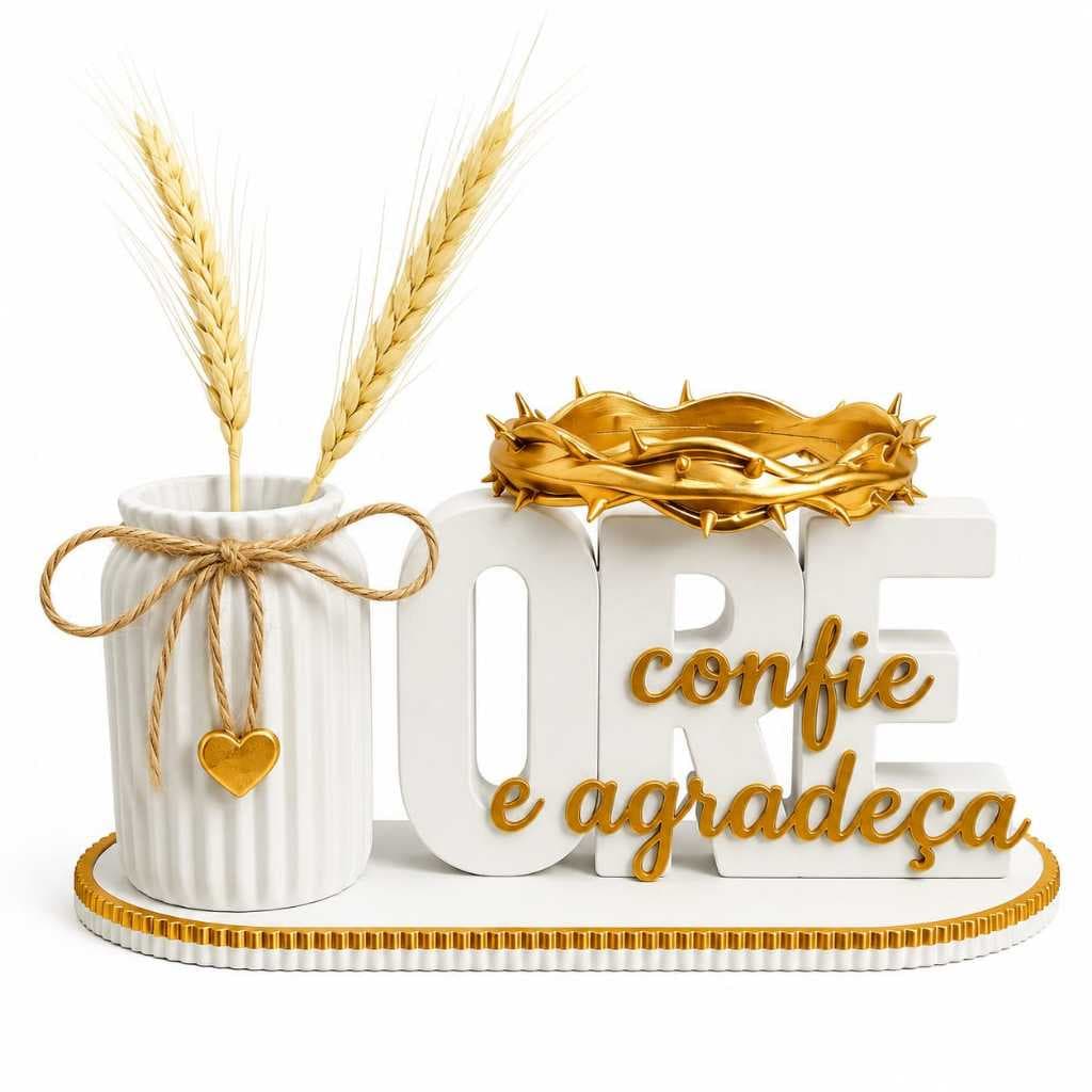 Kit Decorativo 4 em 1 com Vaso e haste de trigo, Coroa e Letreiro Ore Confie e Agradeça
