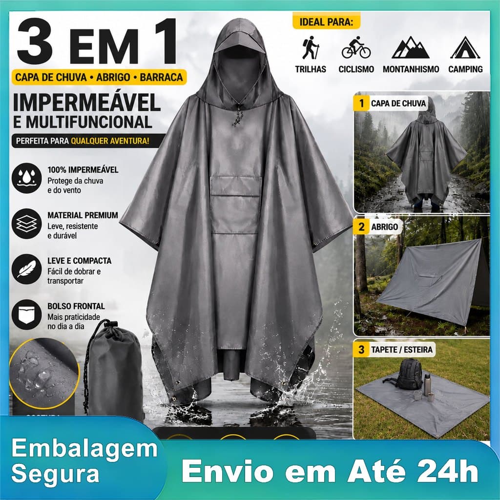 Poncho Capa de Chuva Impermeável com Capuz 3 em 1 Abrigo e Barraca para Camping Ciclismo Trilhas Montanhismo