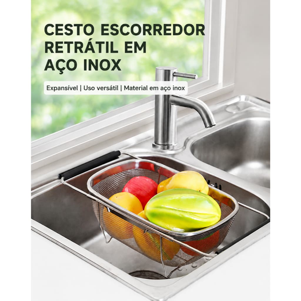 Cesto Escorredor Retrátil de Pia Aço Inox 304 335x235x115mm Multiuso Cozinha Frutas Legumes