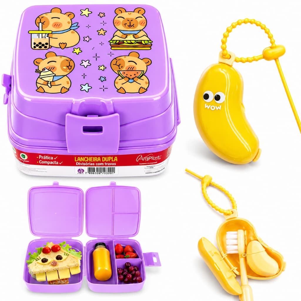 Kit Lancheira Dupla Pote Escolar Com 4 Divisórias + Porta Escova de Dentes