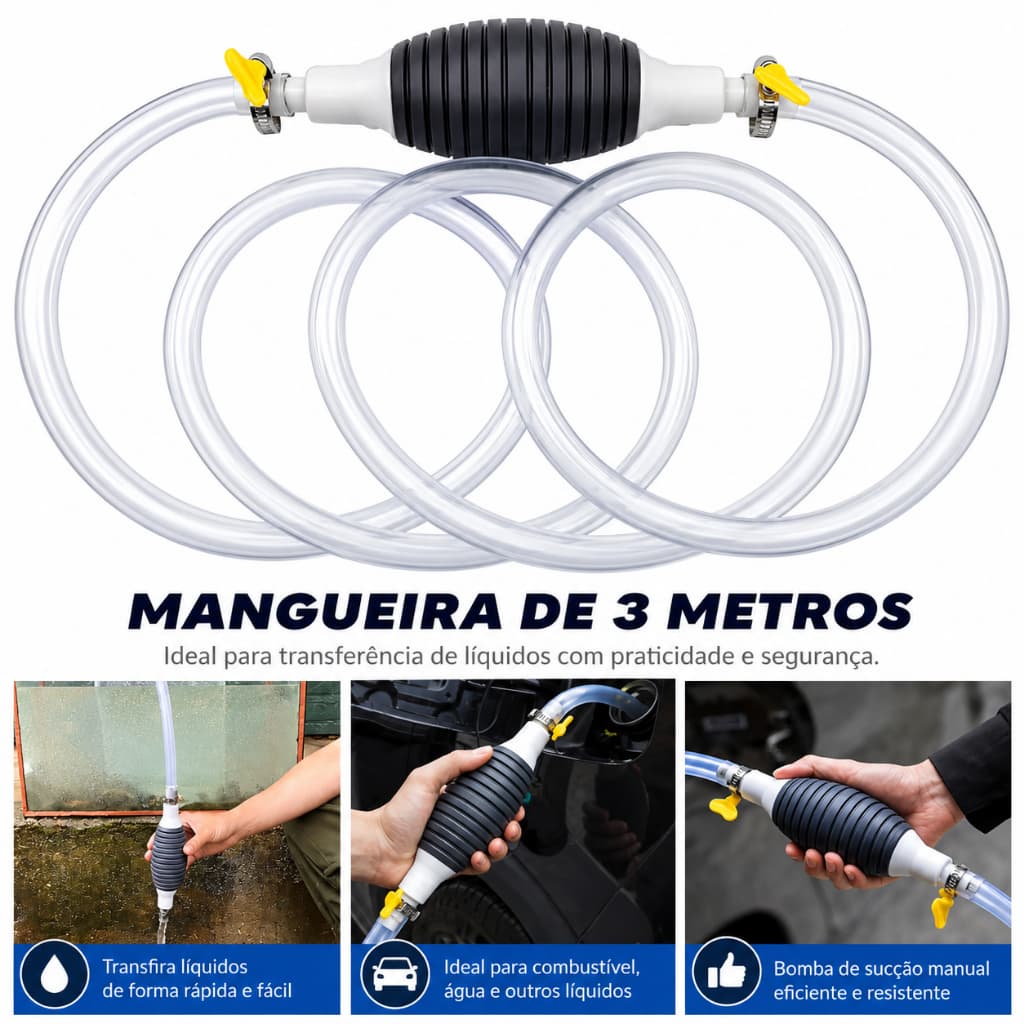 Bomba de Sucção Manual Transferencia de Liquidos Combustivel Mangueira de 3 Metros
