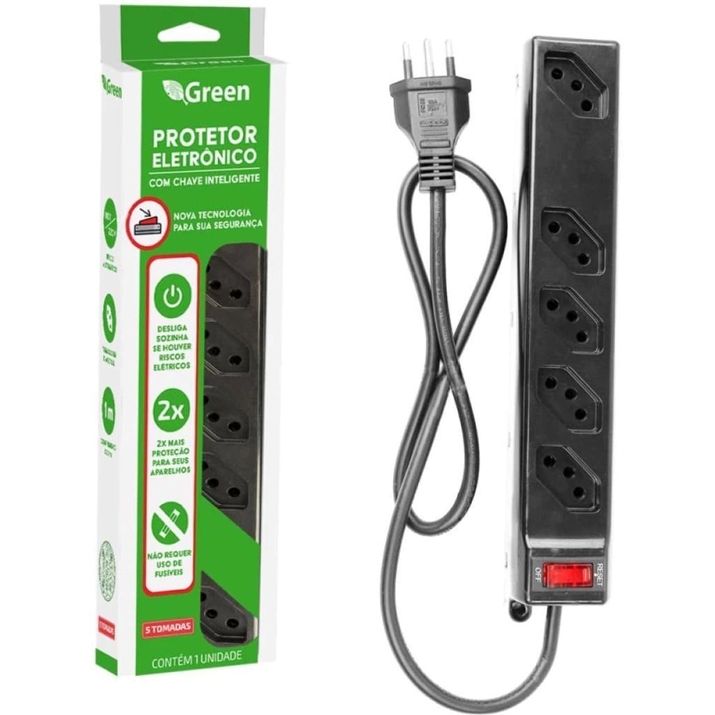Régua De Tomadas Filtro de Linha 5 Tomadas Bivolt DPS 10A Extensão Protetor Eletrônico Inteligente