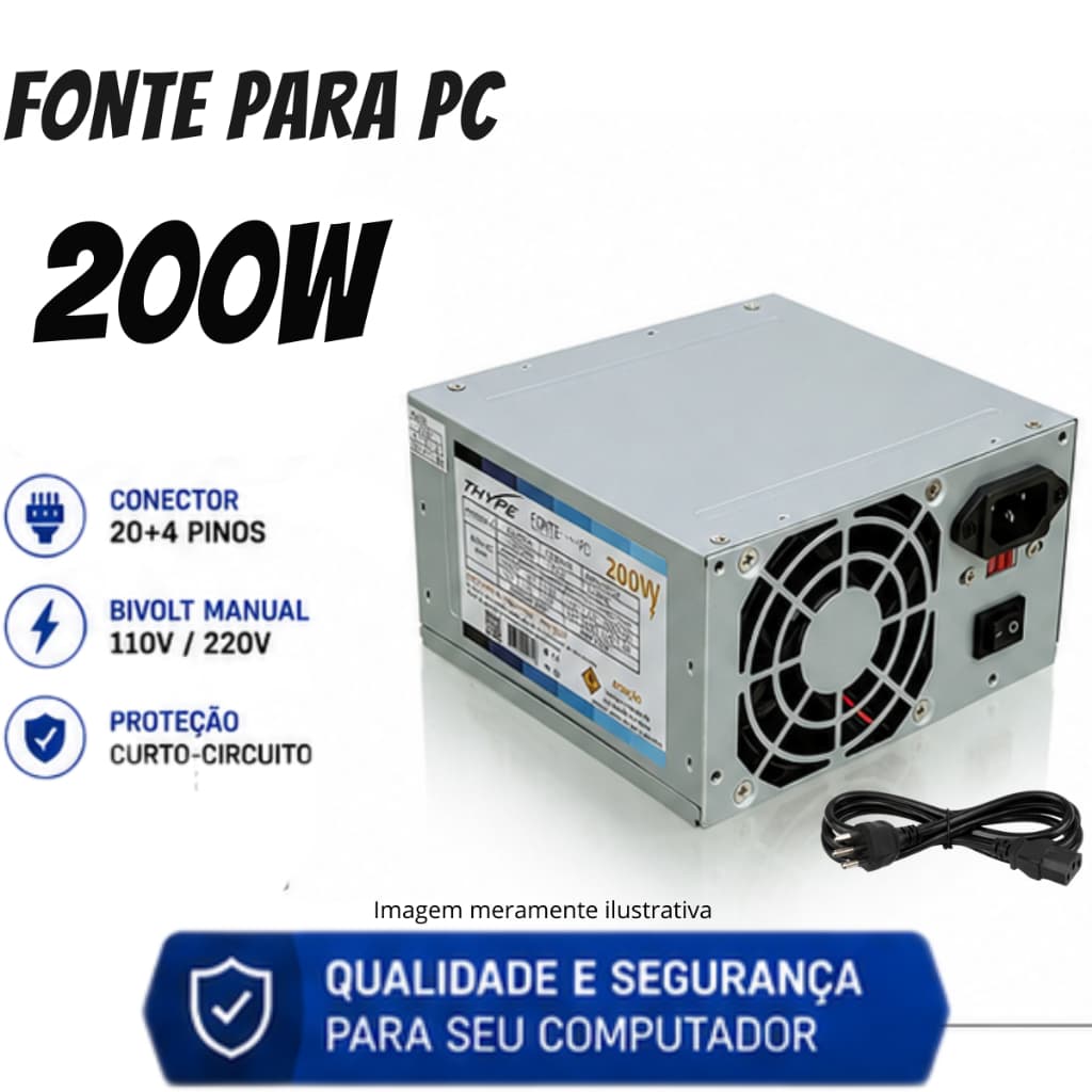 Fonte ATX 200W Bivolt Manual para Computador Desktop PC com Cabo 20+4 Pinos Proteção Curto