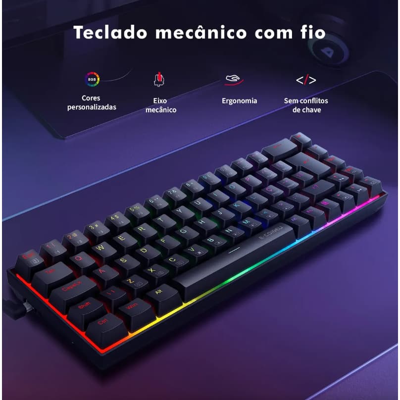 Teclado Mecânico Gamer Compacto 86 Teclas Switch Iluminação RGB USB Tipo-C